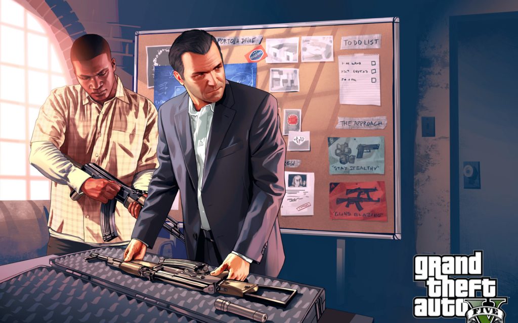 Grand Theft Auto V, майк, франклин, оружие обои скачать