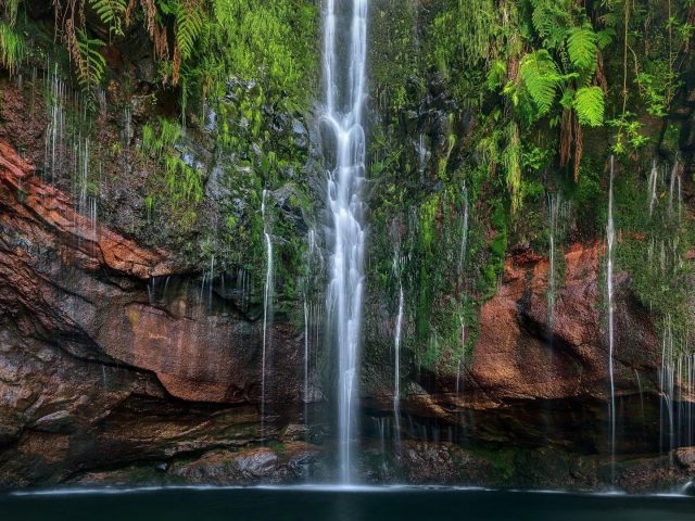 Водопады на покрытых зелеными растениями скалах льются на речную природу