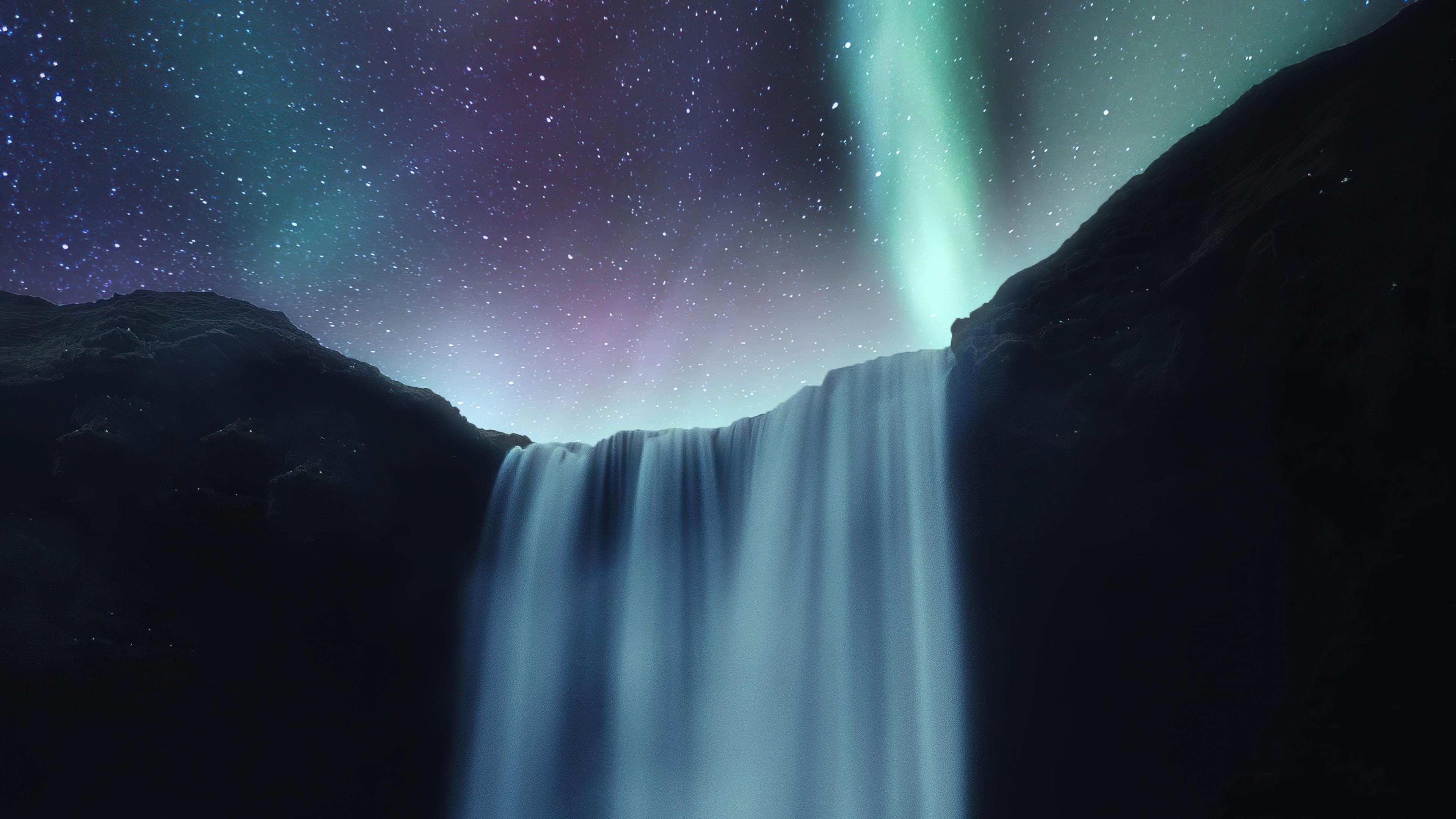Красивый водопад в Авроре северное сияние природа обои скачать