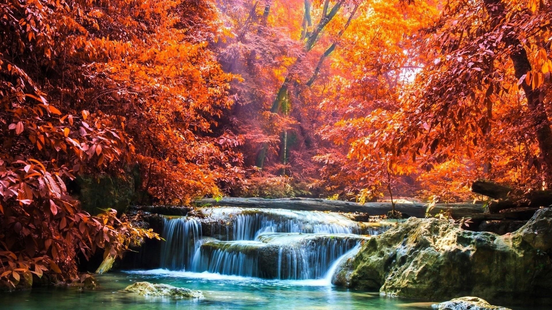 Пейзаж вид красочных осенних лиственных деревьев и водопада между скал льющегося на реку с солнечными лучами природа обои скачать