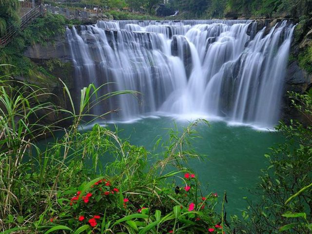 Водопады со скал, льющиеся на реку крупным планом вид красных цветов зеленые листья растения природа