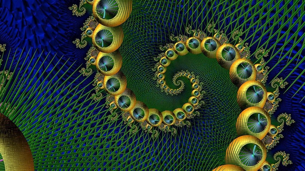 Желто-синяя фрактальная закручивающаяся спираль абстрактная обои скачать