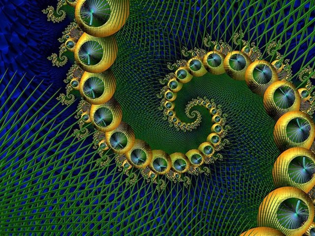 Желто-синяя фрактальная закручивающаяся спираль абстрактная