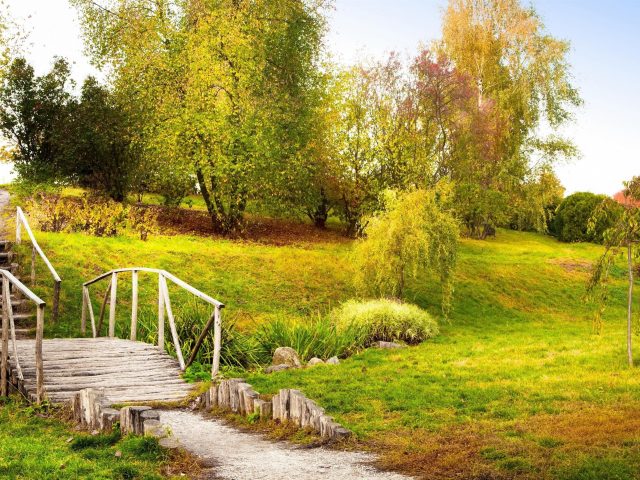 Деревянный мост между зелеными травянистыми склонами земли в дневное время природа