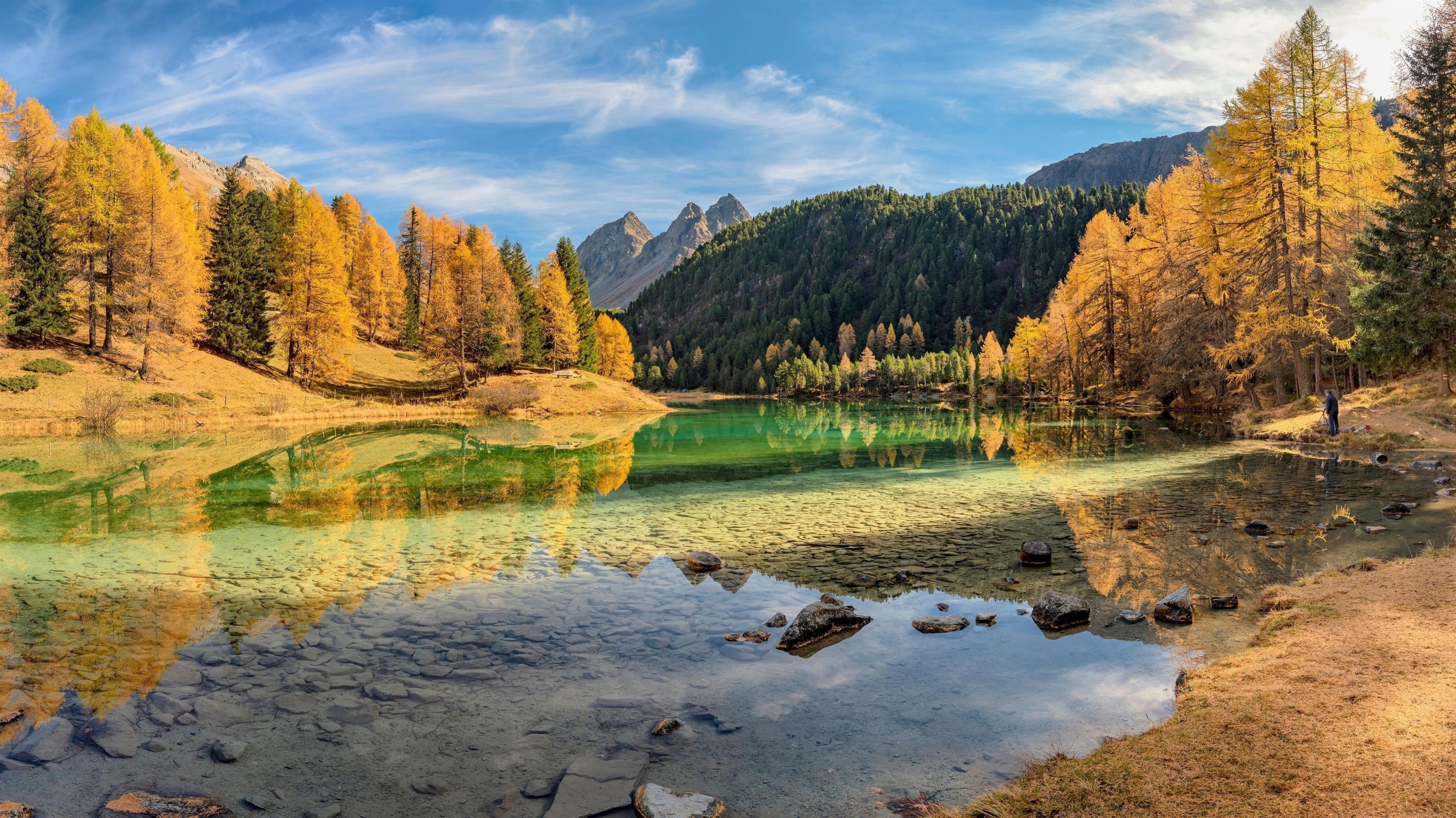 Зелено желтые осенние деревья с отражением на озере лай да пальпуонья в Швейцарии природа обои скачать
