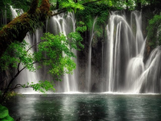 Растительность водопад в лесной природе