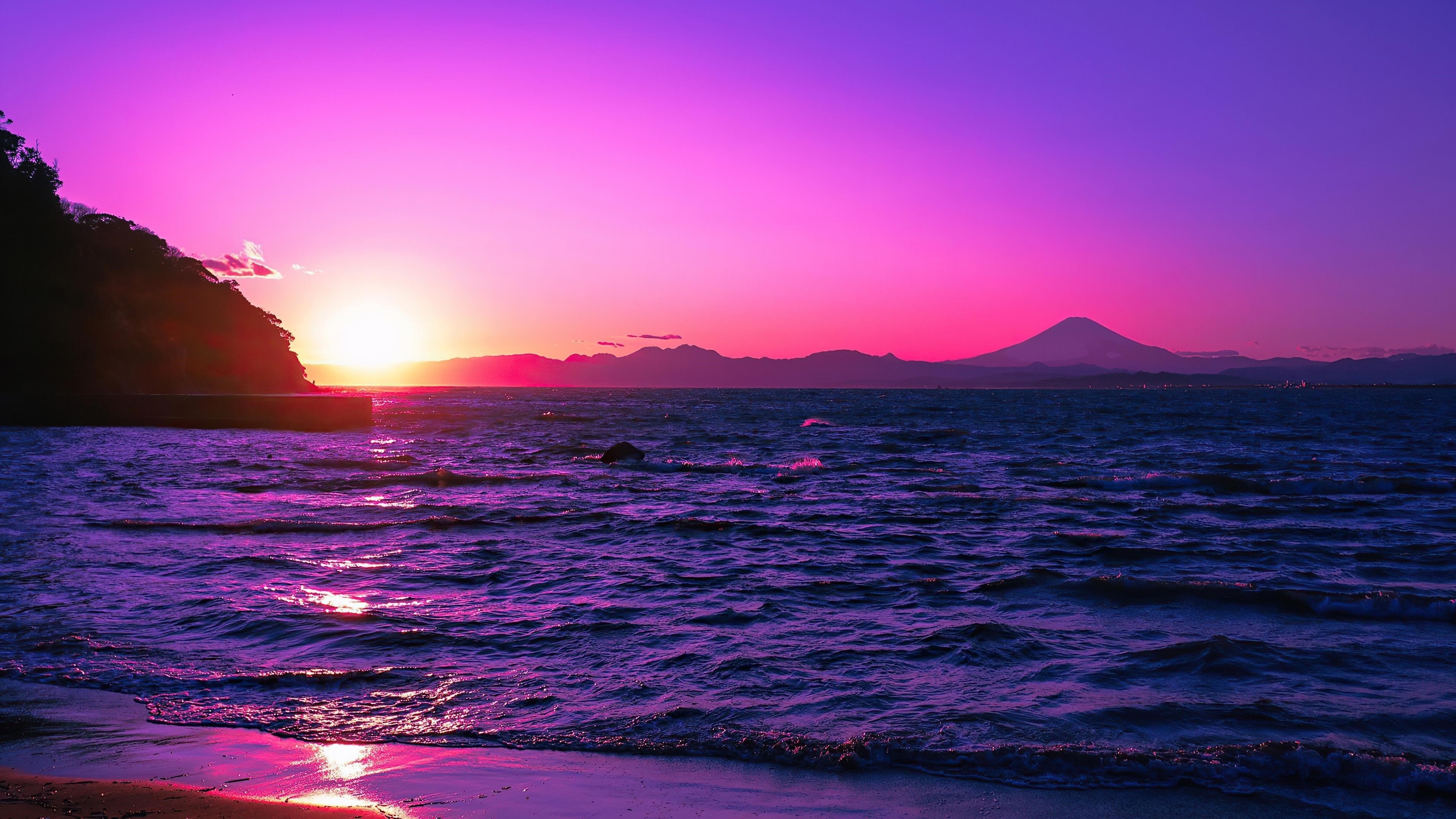 Красивый вечер пурпурный закат на водоеме природа обои скачать