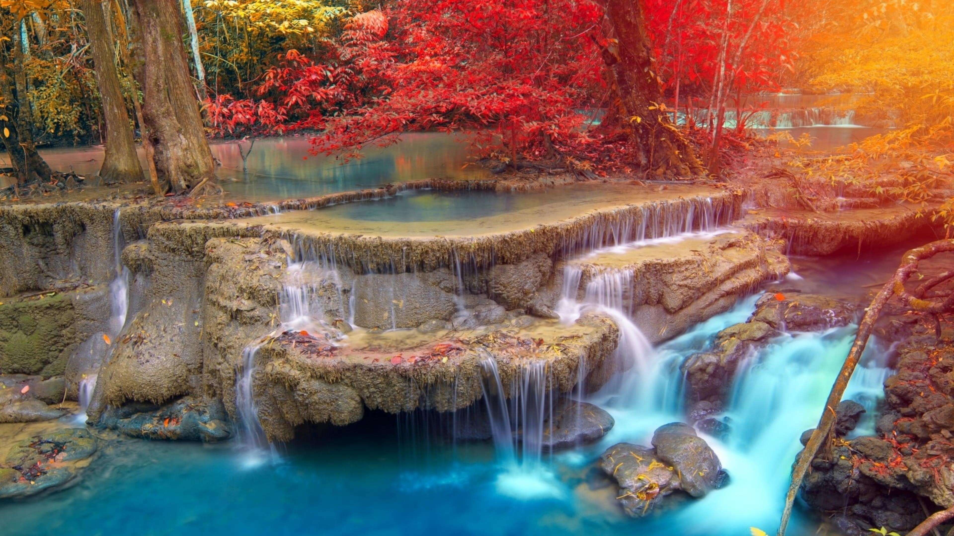 Желто красные осенние деревья на ручье водопад в дневное время природа обои скачать