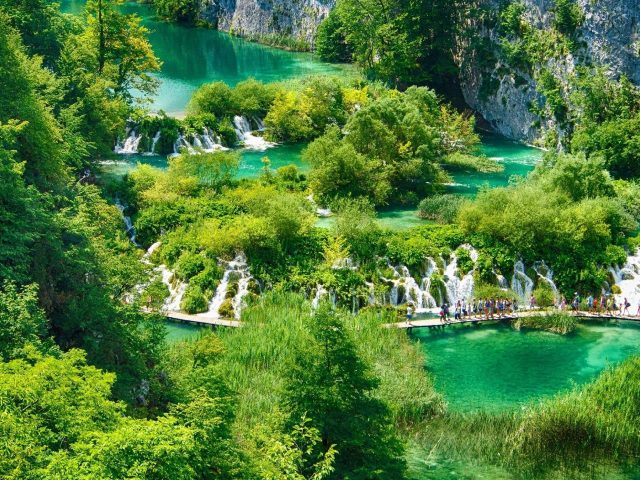 Белый причал между озерами водопад в окружении зеленых деревьев природа