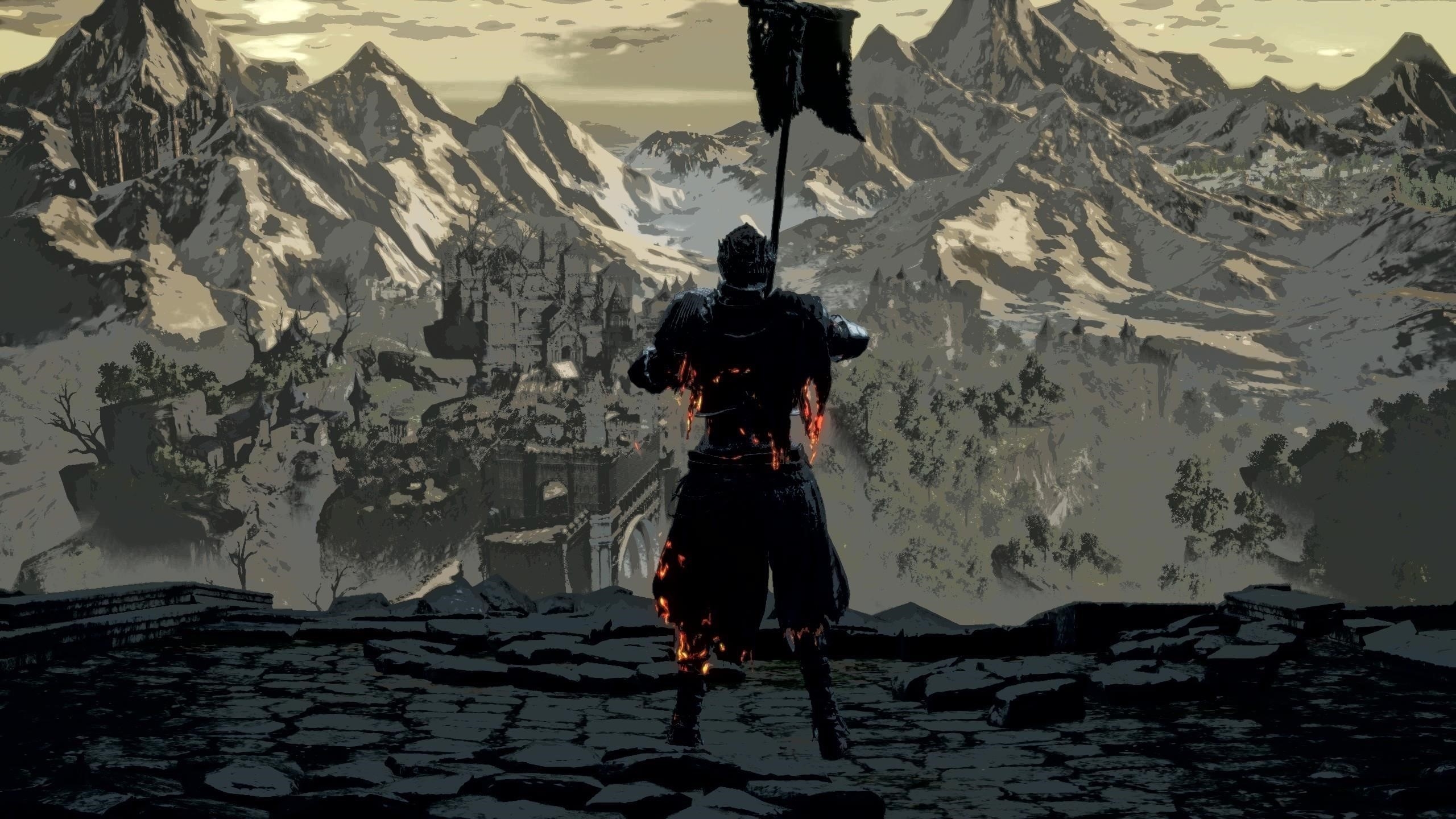 Dark souls warrior вид сзади с флагом видя заснеженные горные игры обои скачать