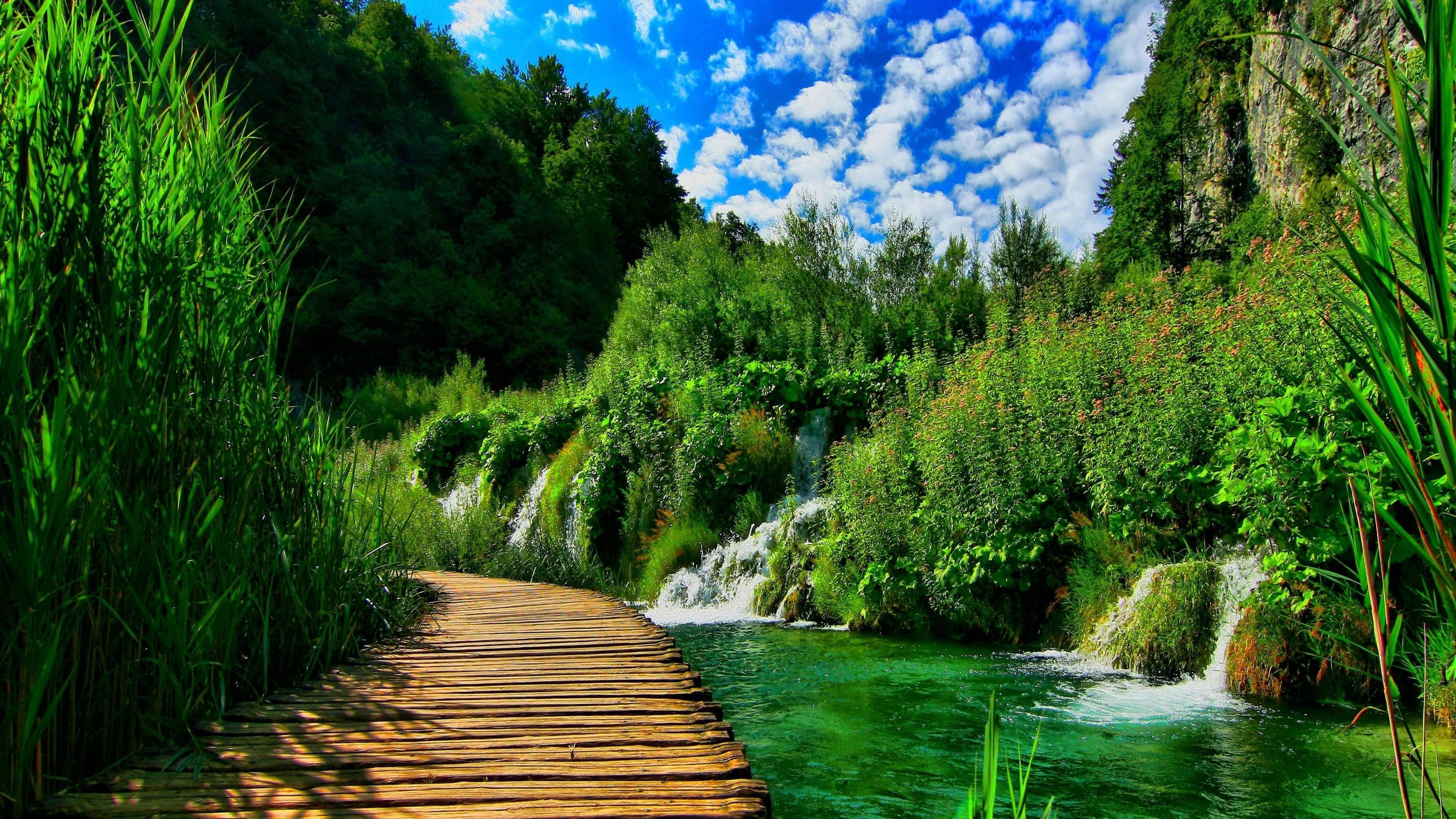 Деревянный причал между водопадом озером и зеленой травой под пасмурным голубым небом природа обои скачать