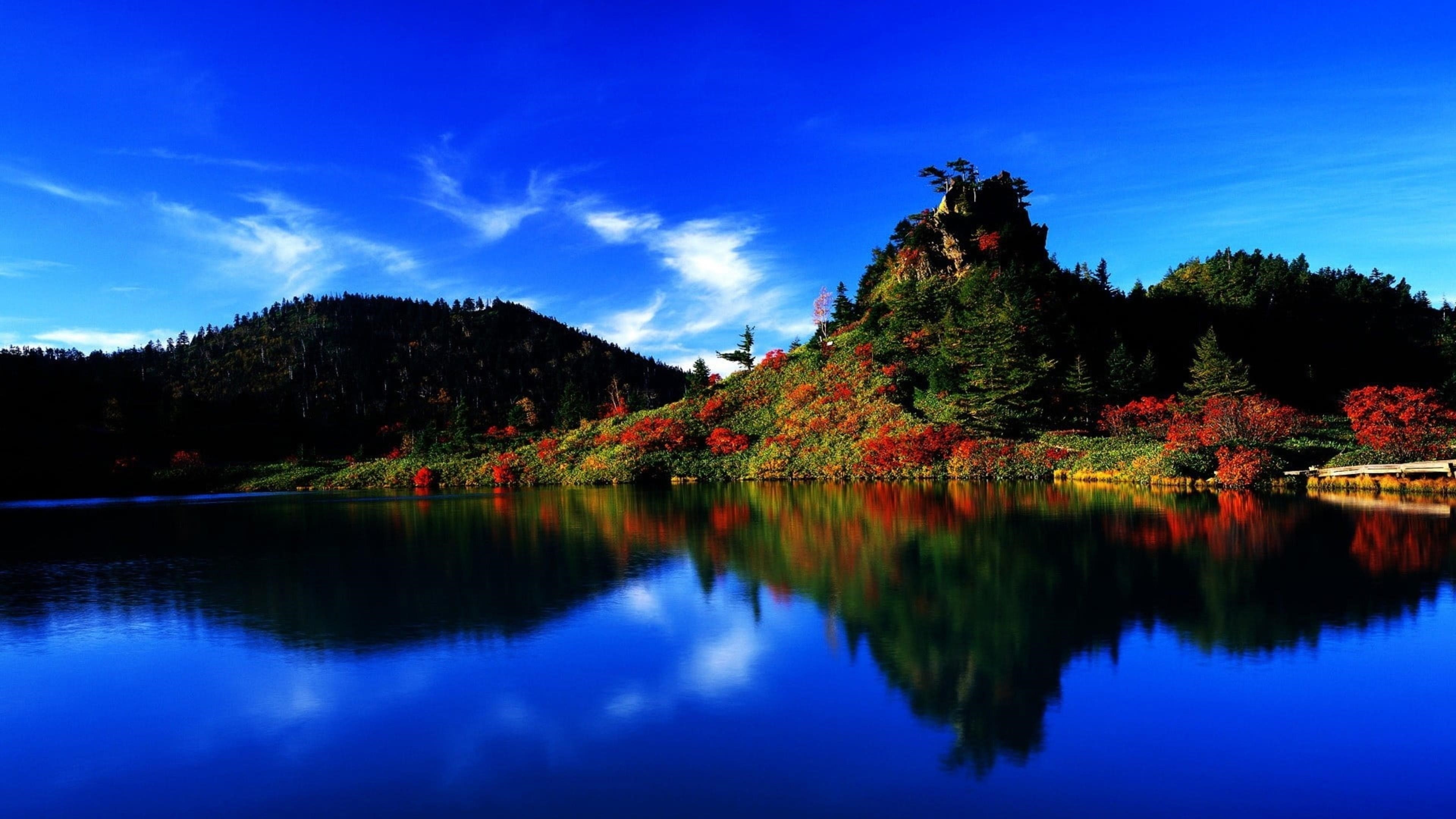 Красочные зеленые деревья и красные цветы покрыли гору рядом со спокойным водоемом с отражением под голубым небом природы обои скачать