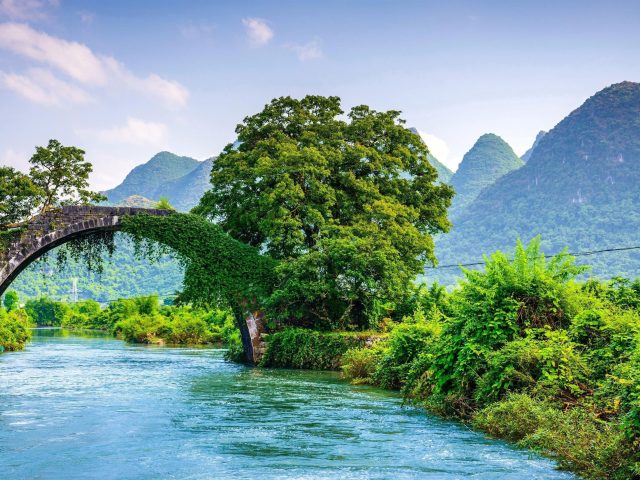Арка над рекой между зелеными деревьями с пейзажным видом на горы природу