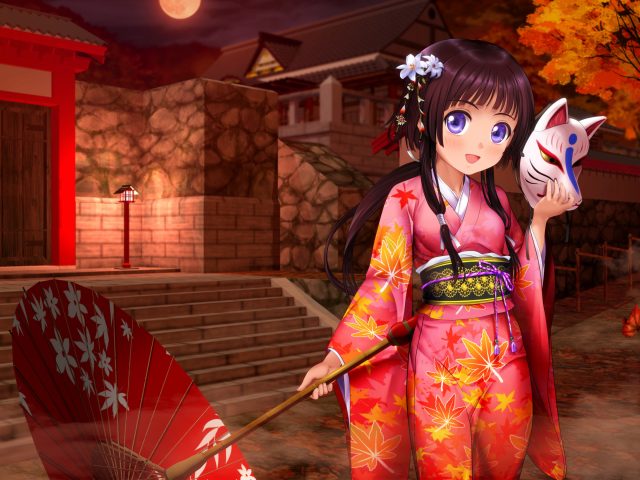 Аниме девушка кимоно зонтик.