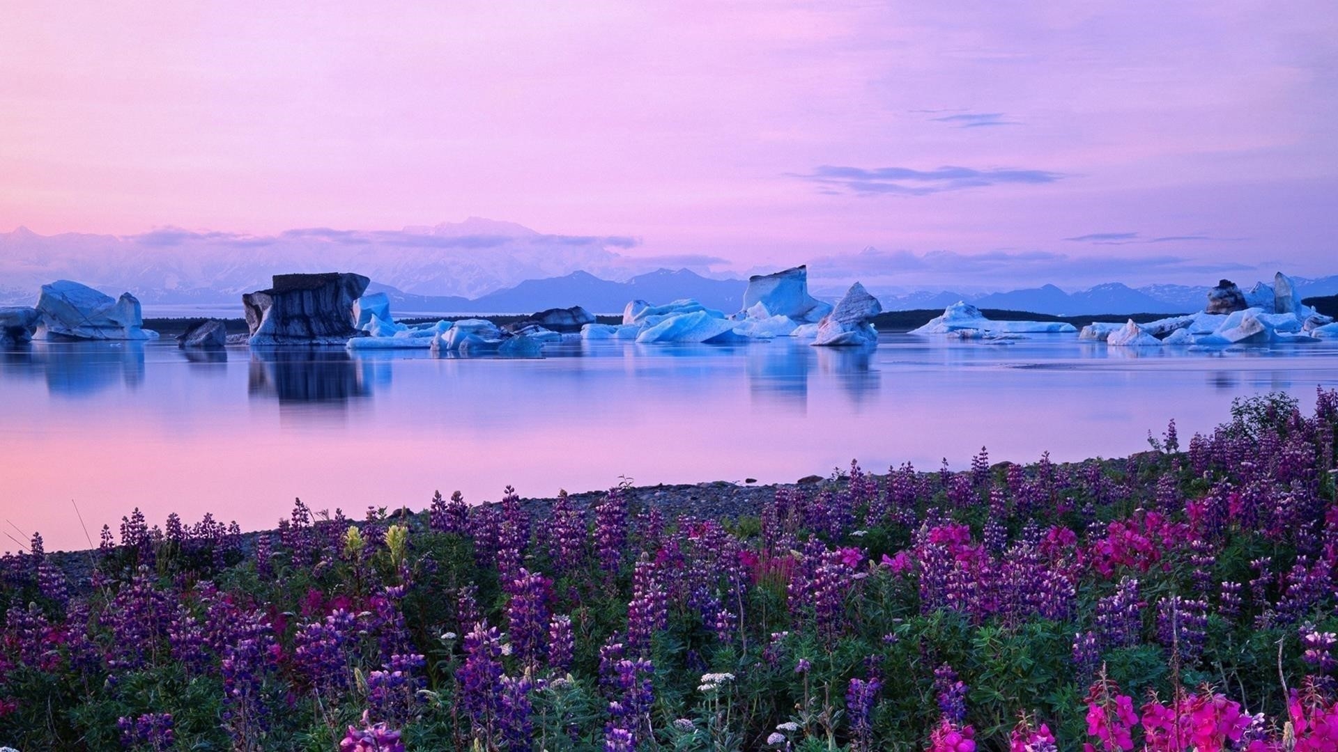 Пейзаж гор и камыша перед рекой с айсбергом во время восхода солнца природа обои скачать