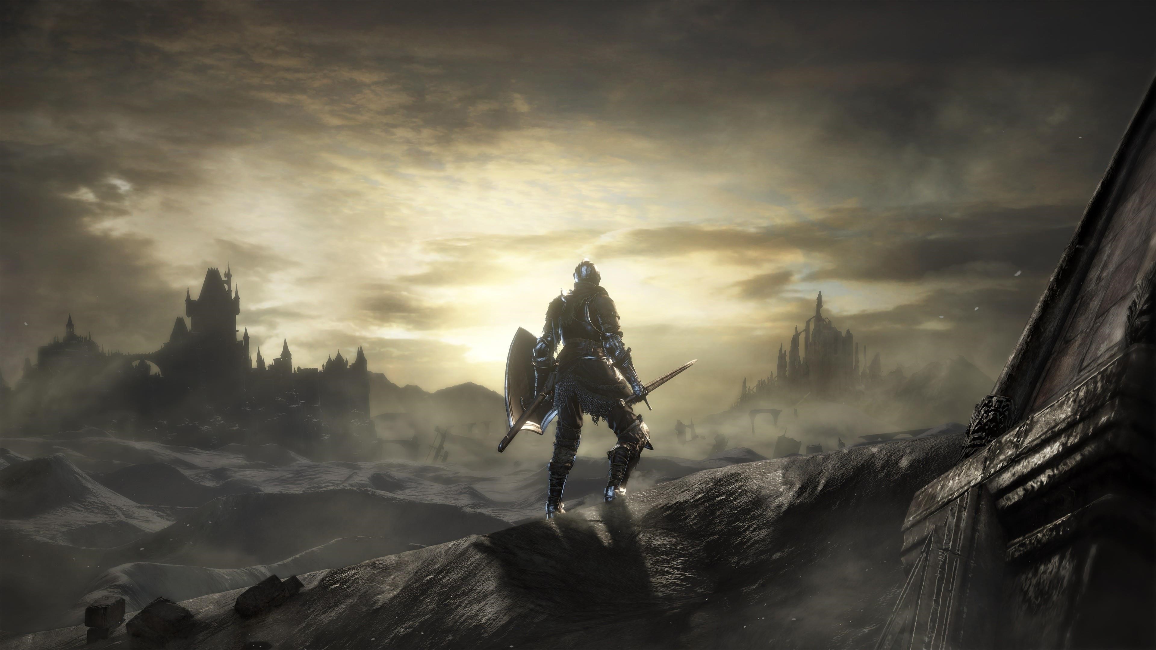 Dark souls warrior стоит с мечом и щитом вид сзади на фоне восходящих игр обои скачать