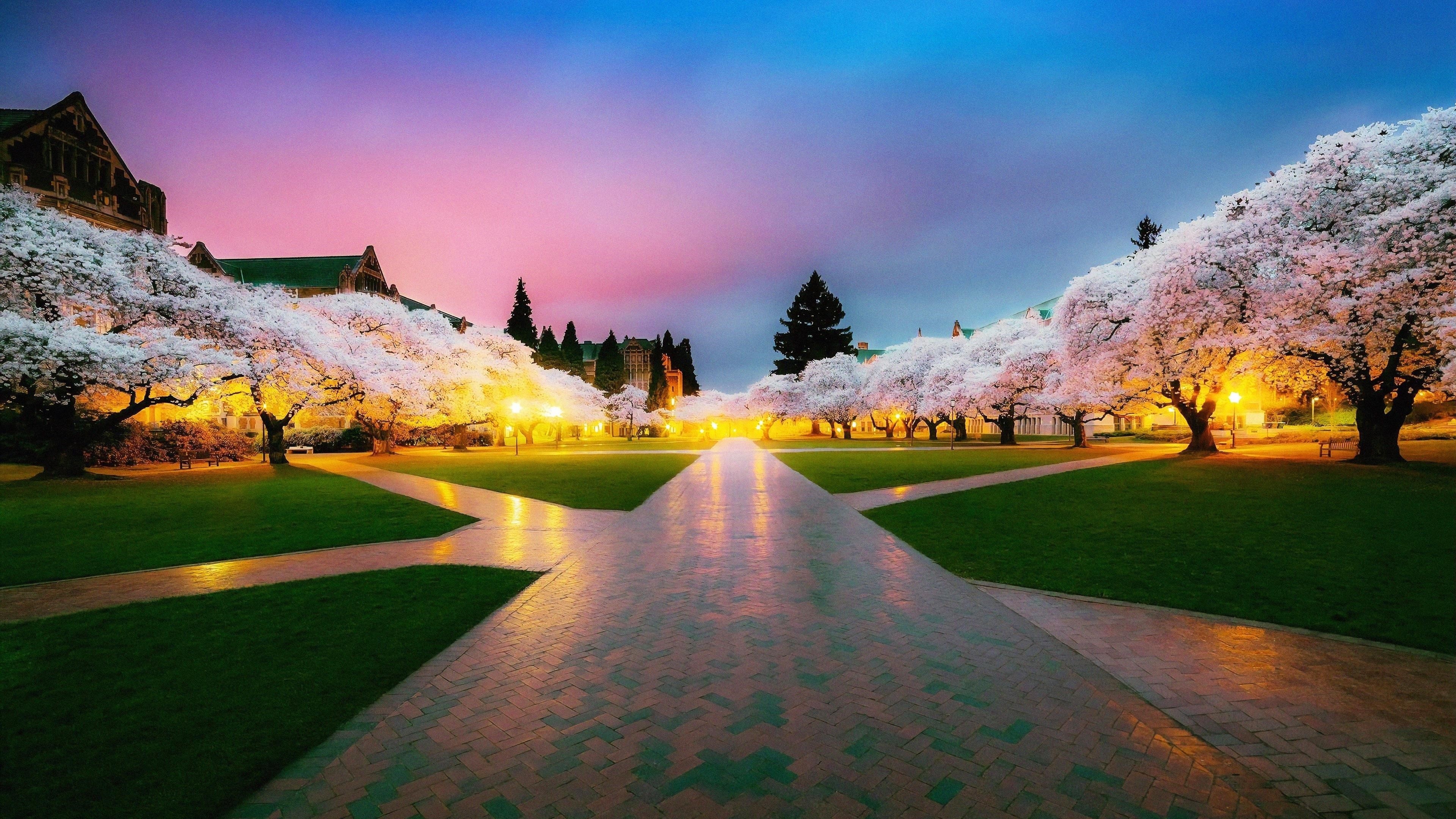 Парк вишневого дерева с желтой молнией под голубым и розовым небом природа обои скачать