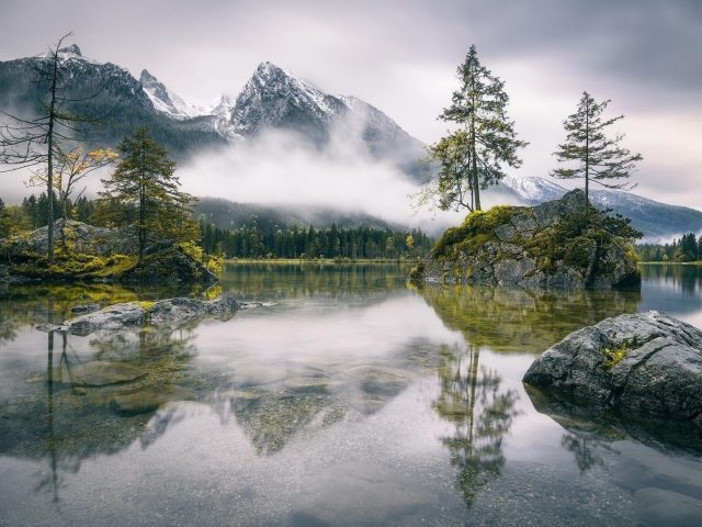 Заснеженная гора с туманом и покрытая зеленью скала с деревьями в водной природе
